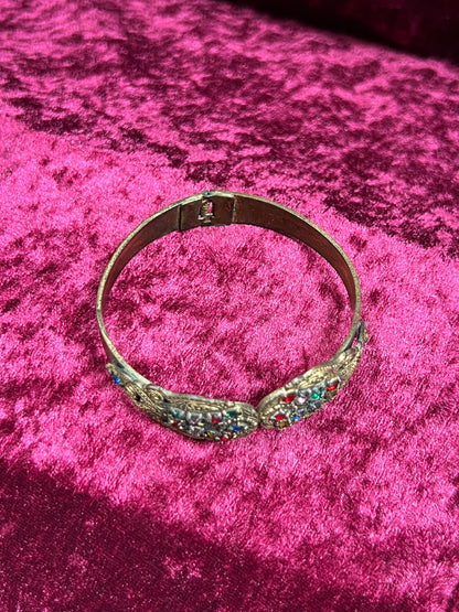 Vintage Jewelry - Hinged Bangle Bracelet - Multicolor Rhinestones in Ornate Brass Setting
