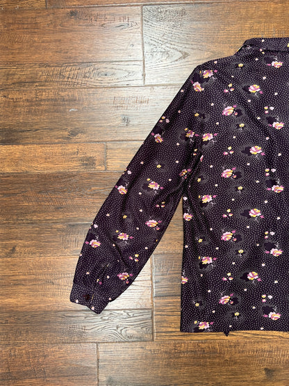 Vintage Clothing - 1970s Polyester Tie-Neck Blouse - Flower Clusters on Purple - Ecco Bay - Medium
