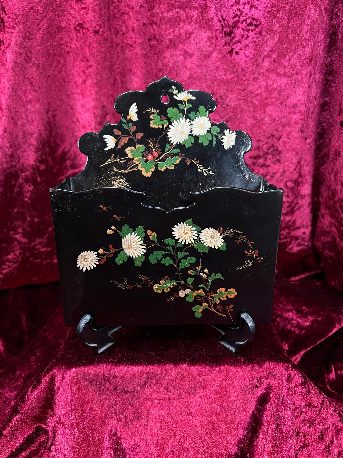 Antique Papier Mache Wall Pocket - Victorian Black Lacquer Painted White Flowers