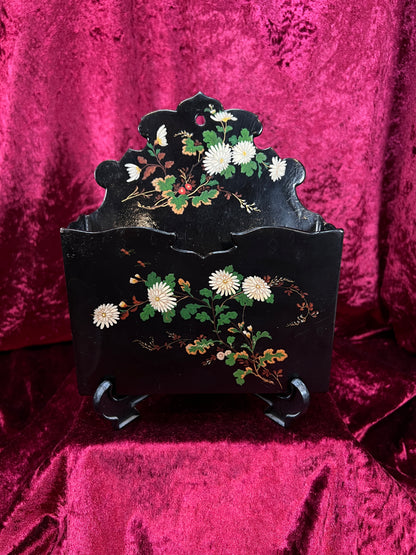 Antique Papier Mache Wall Pocket - Victorian Black Lacquer Painted White Flowers