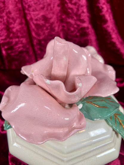 Vintage Trinket Dish - Ceramic - Giant Pink Rose - Chipped