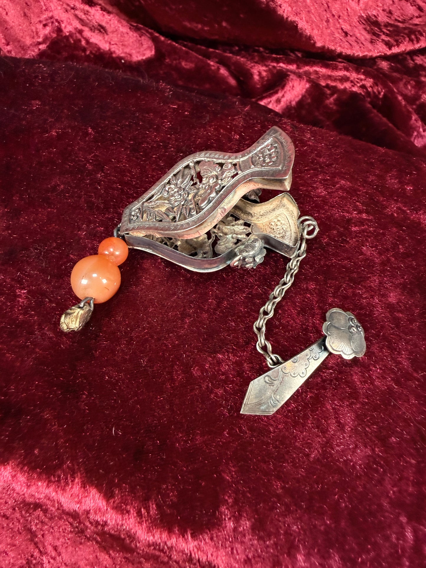 Antique Sterling Silver Needle Case Pendant Chatelaine – Carnelian Bead Late Qing Dynasty Style