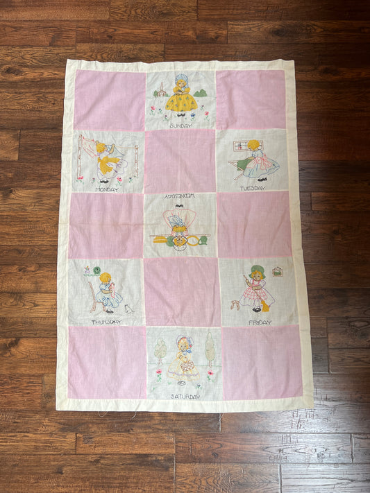 Vintage Linens - Patchwork Wall Hang / Quilt Topper - Days Of The Week in Pink