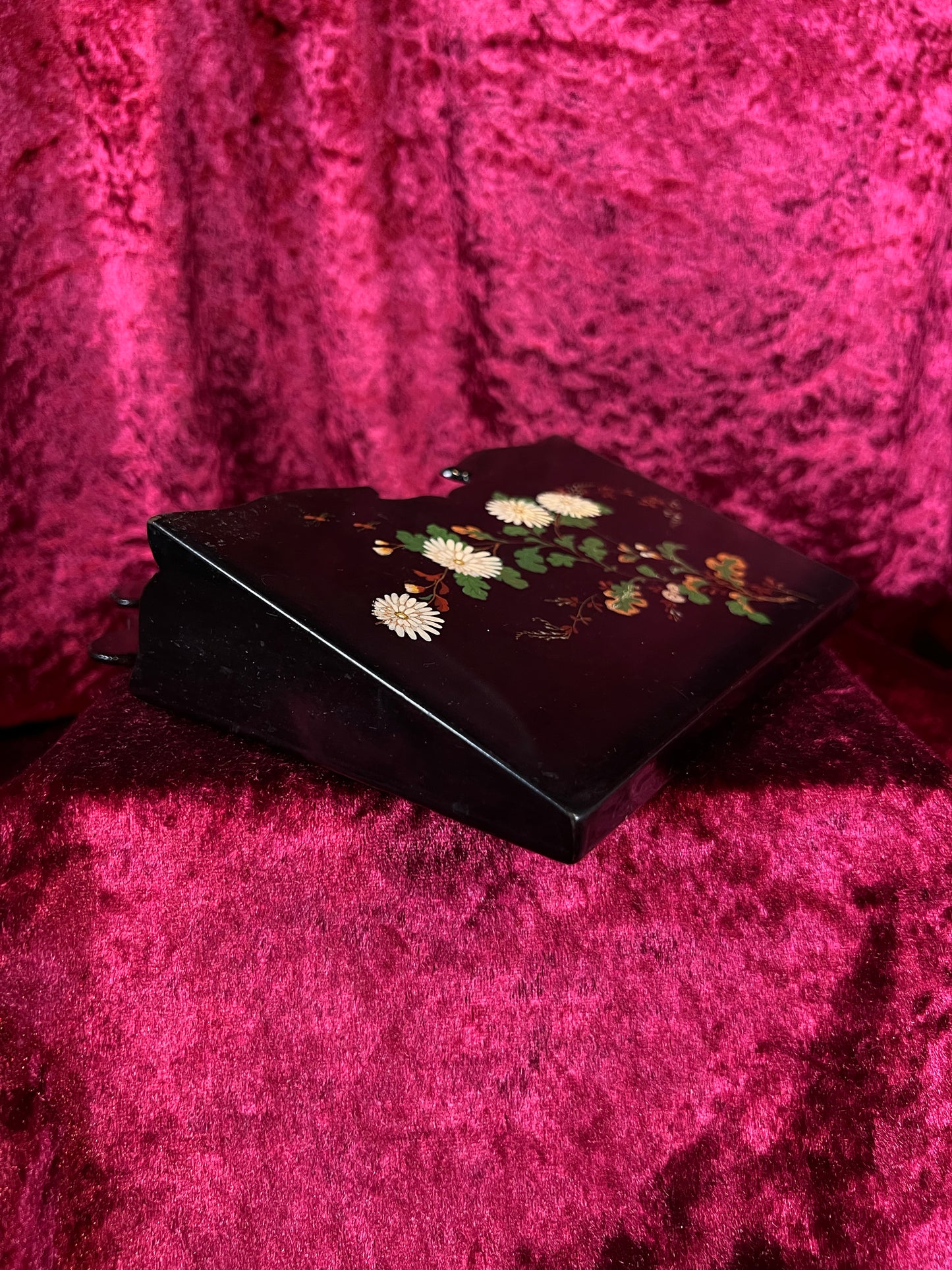 Antique Papier Mache Wall Pocket - Victorian Black Lacquer Painted White Flowers