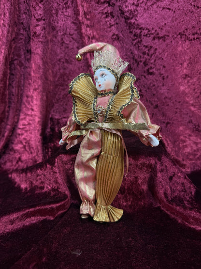 Vintage Porcelain Pierrot Doll – Pink and Gold Metallic Harlequin Figure