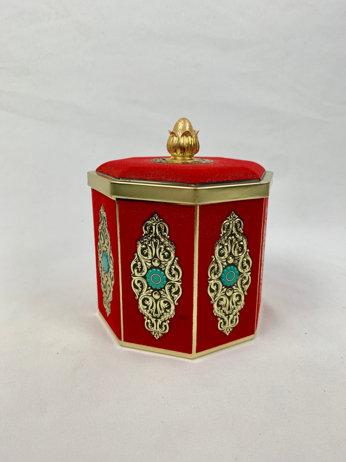 Vintage Blue Bird Confectionery Dark Academia Red Velvet Octagonal Tin - Gold and Turquoise Accents