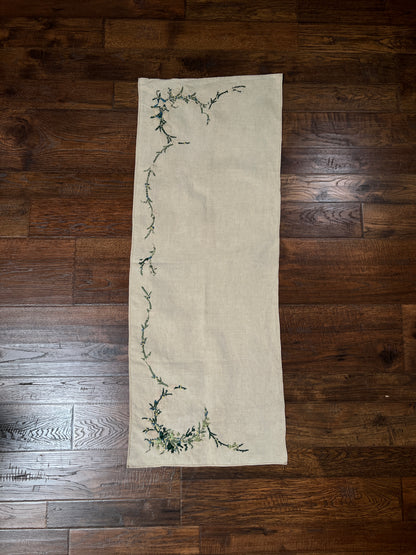 Vintage Rectangular Linen Table Runner - Hand Embroidered Puffy Pink Rosebud Vine