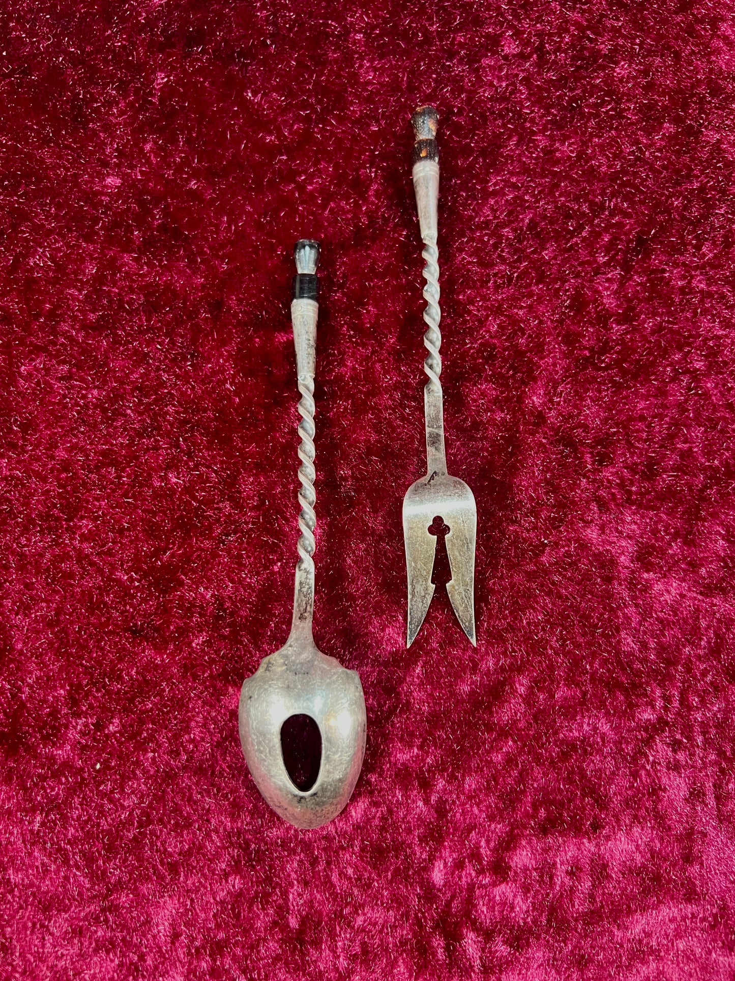 Vintage Silver Plate Cocktail Spoon and Fork Set – Twisted Handles with Tiki Totem Finials