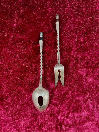 Vintage Silver Plate Cocktail Spoon and Fork Set – Twisted Handles with Tiki Totem Finials