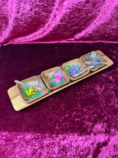 Vintage Kitchen - Tiki Teakwood Snack Tray with Sauce Bowls and Spoons