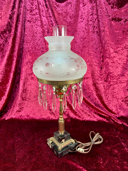 Antique Marble and Brass Sinumbra Style Hurricane Lamp – Frosted Glass Shade with Crystal Prisms