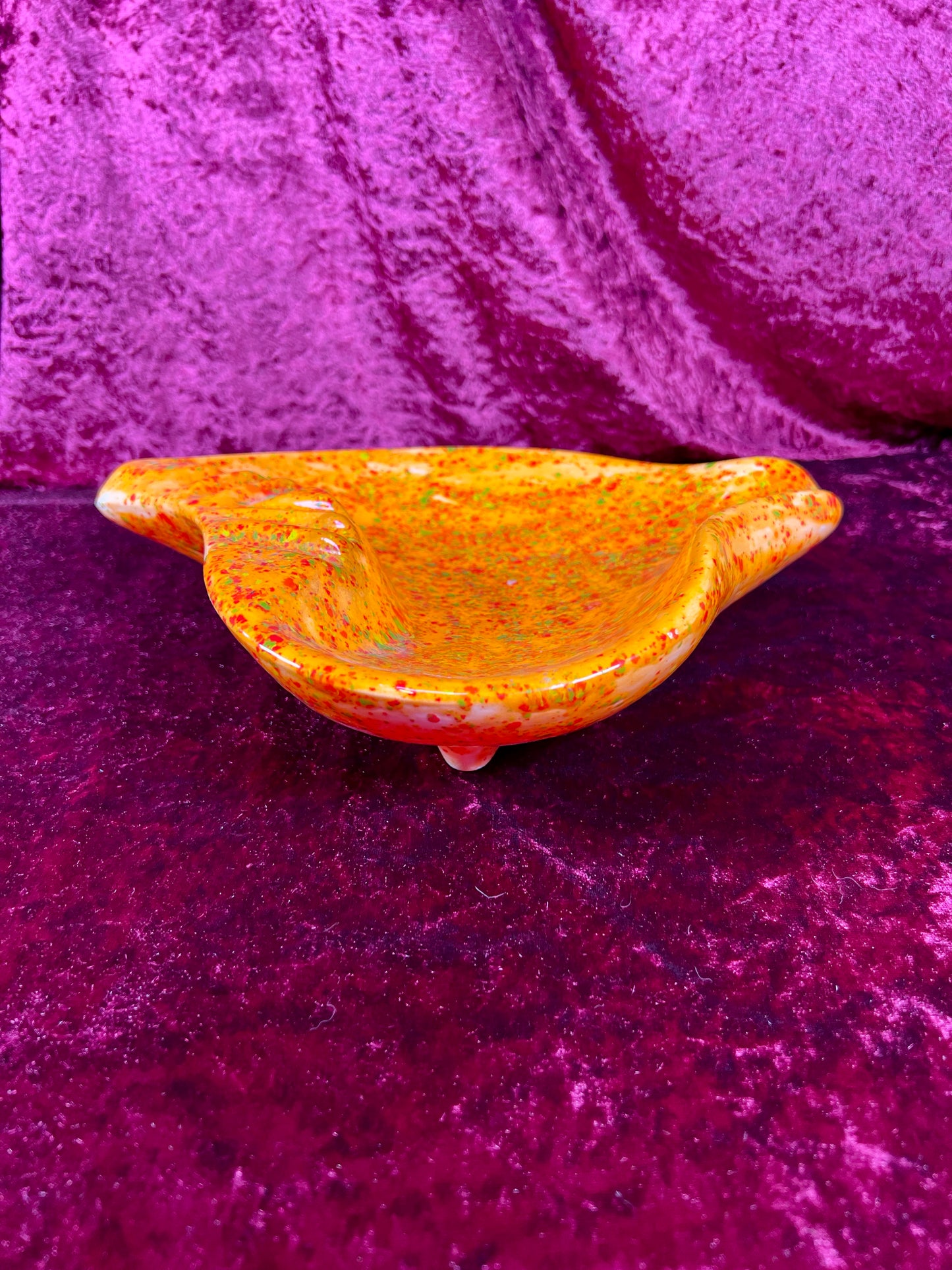 Vintage Ashtray - Sculptural Ceramic Drip Glaze - Bright Orange with Green Flecks - Large