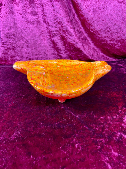 Vintage Ashtray - Sculptural Ceramic Drip Glaze - Bright Orange with Green Flecks - Large