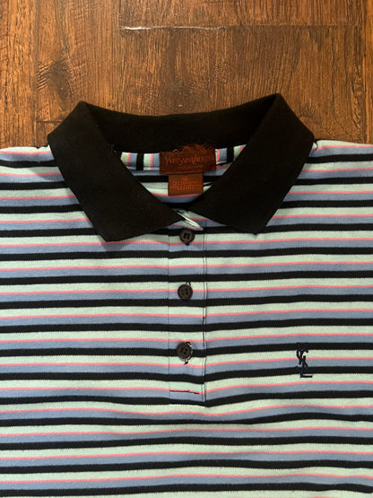 Vintage Yves Saint Laurent Striped Polo Shirt - Blue Black Short Sleeve - Medium