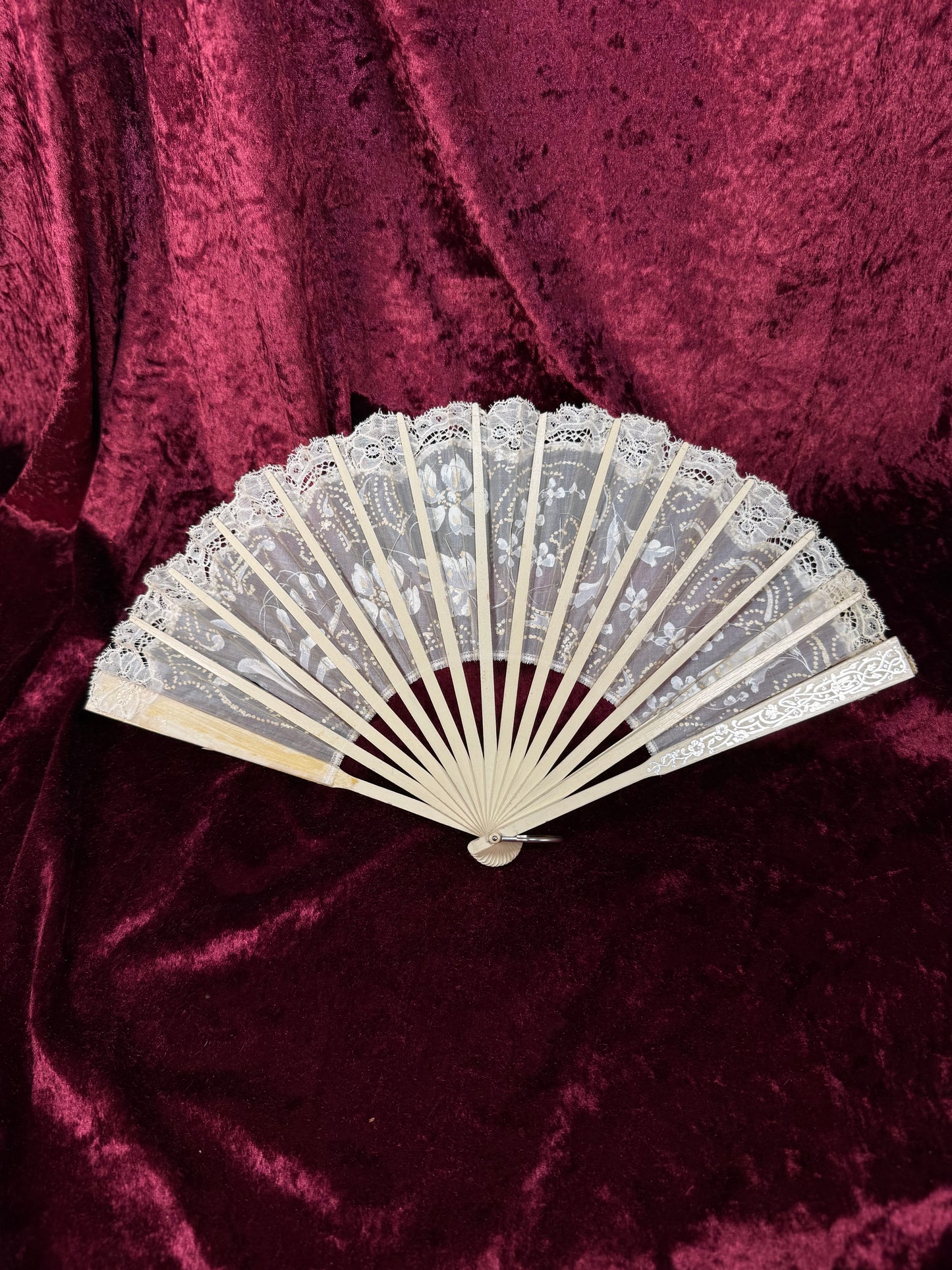 Antique Art Nouveau Handheld Fan with Lace Trim – Hand Painted Floral Design with Sequin Detail