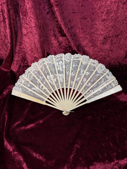 Antique Art Nouveau Handheld Fan with Lace Trim – Hand Painted Floral Design with Sequin Detail