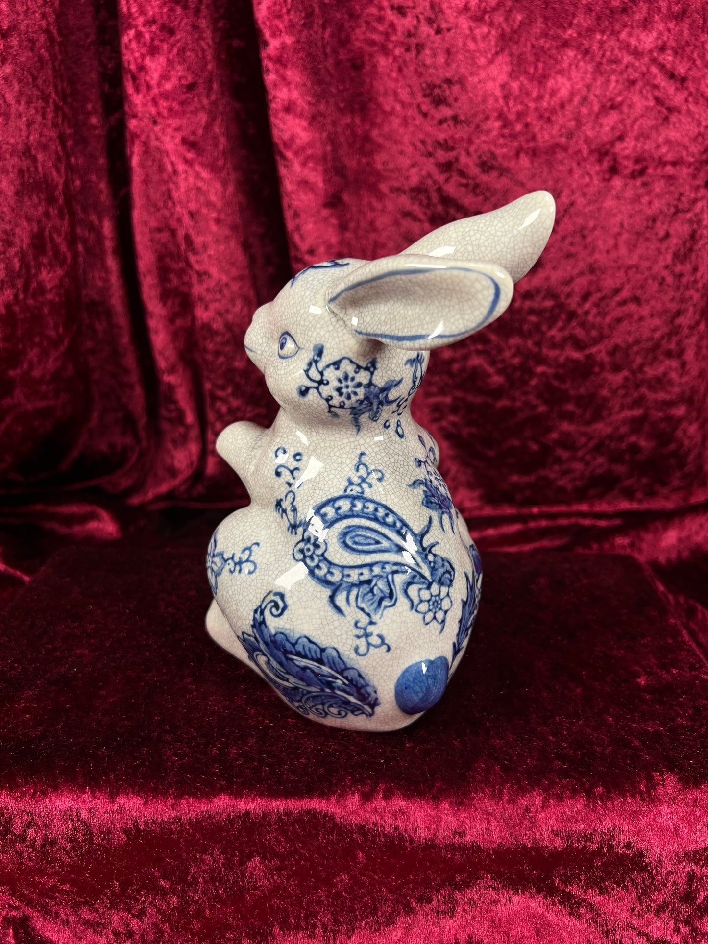 Vintage Ceramic Rabbit Figurine - Blue and White Floral Crackle Finish - Baum Bros