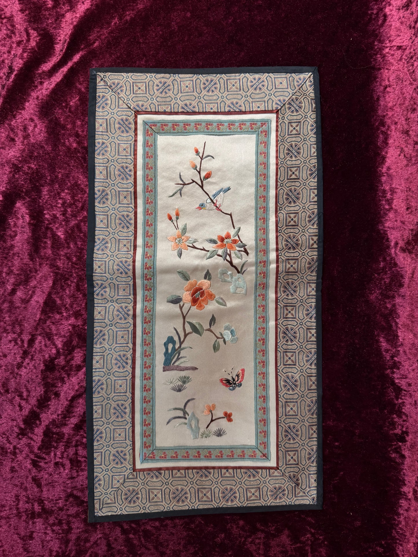 Antique Chinese Silk Sleeve Band – Blue Bird In A Tree - Embroidered Textile Robe Panel - Peking, China