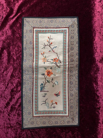 Antique Chinese Silk Sleeve Band – Blue Bird In A Tree - Embroidered Textile Robe Panel - Peking, China