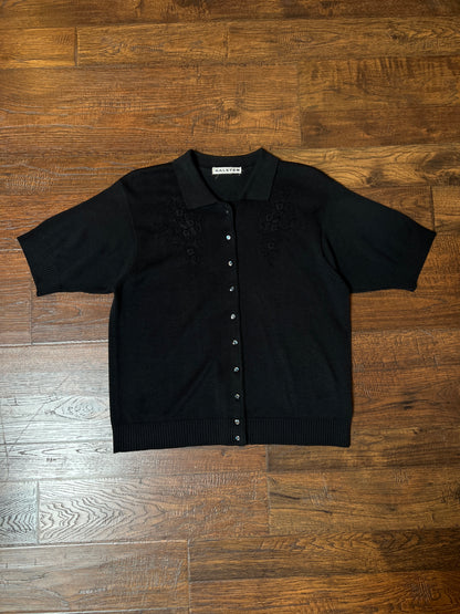 Vintage Halston Knit Cardigan - Black Floral Embroidered Short Sleeve Sweater - Small