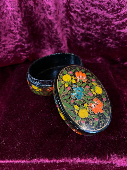 Vintage Papier Mache Trinket Box - Hand Painted Floral Kashmir Style