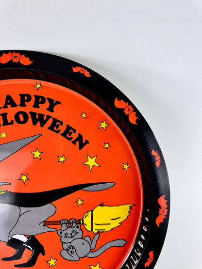 Vintage Giftco Inc. Metal Halloween Tray | Happy Halloween | Witch & Cat