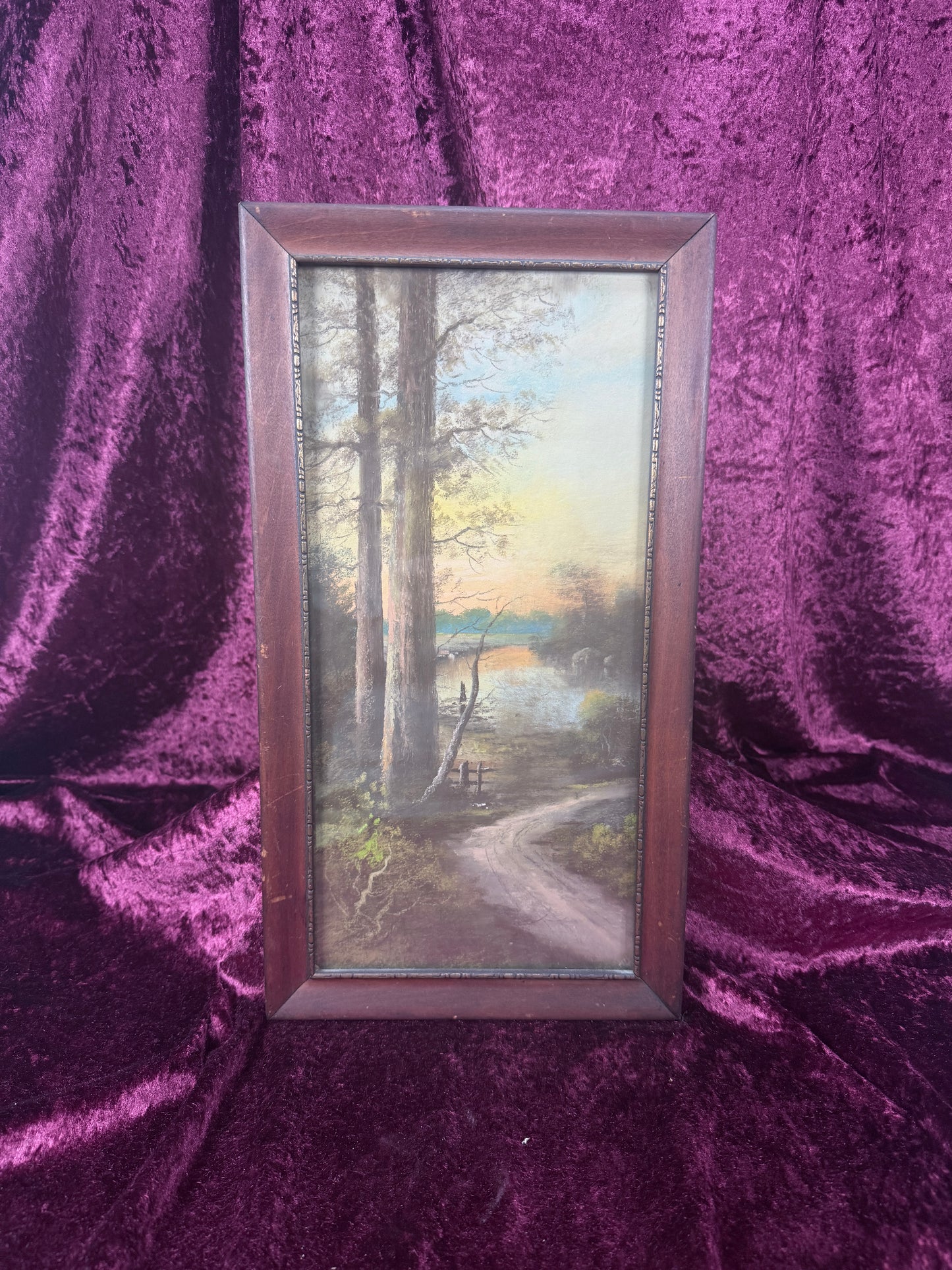 Antique Framed Chalk Pastel Landscape – Signed Woodland Lake Sunset