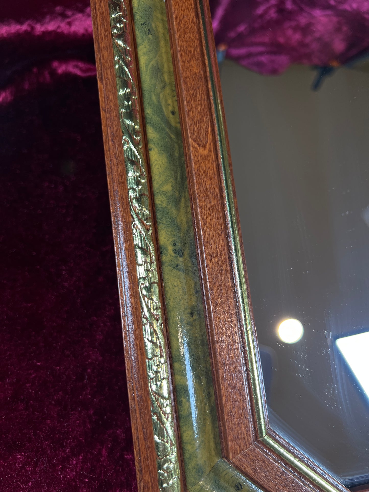 Vintage Wood Wall Mirror - Octagonal Faux Burlwood Accent Frame
