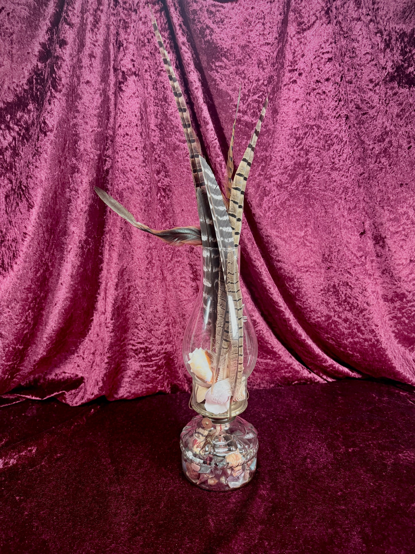 Vintage Glass Oil Lamp – Natural Feather and Shell Curio Display
