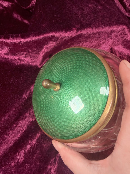 Vintage Cut Crystal Vanity Jar – Green Guilloché Style Lid Dresser Box