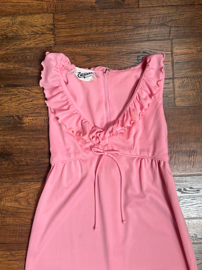Vintage Clothing - Long V-Neck Empire Waist Dress - Ruffled Collar - Candy Pink - Editions - Small