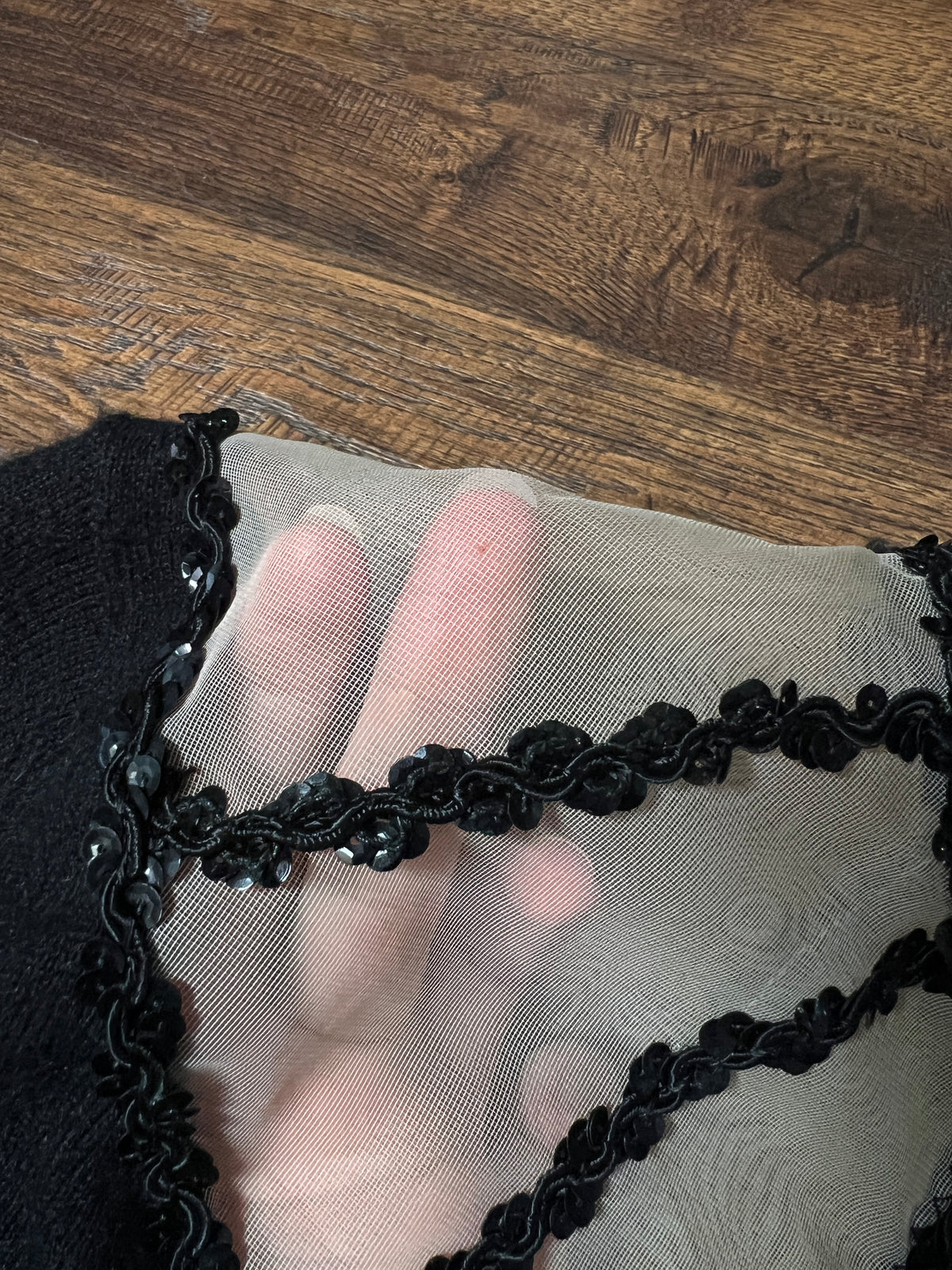 Vintage 1960s Knit Cardigan - Black Sheer Illusion Sequin Yoke with Metal Buttons - Size Medium