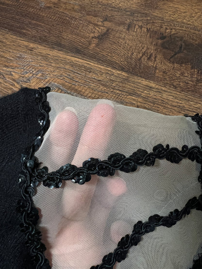 Vintage 1960s Knit Cardigan - Black Sheer Illusion Sequin Yoke with Metal Buttons - Size Medium