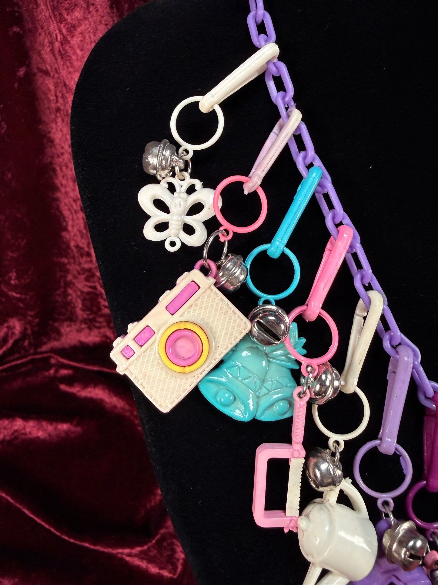 Vintage 1980s Plastic Chain Charm Necklace - 20 Bell Charms - Purple & Aqua Blue
