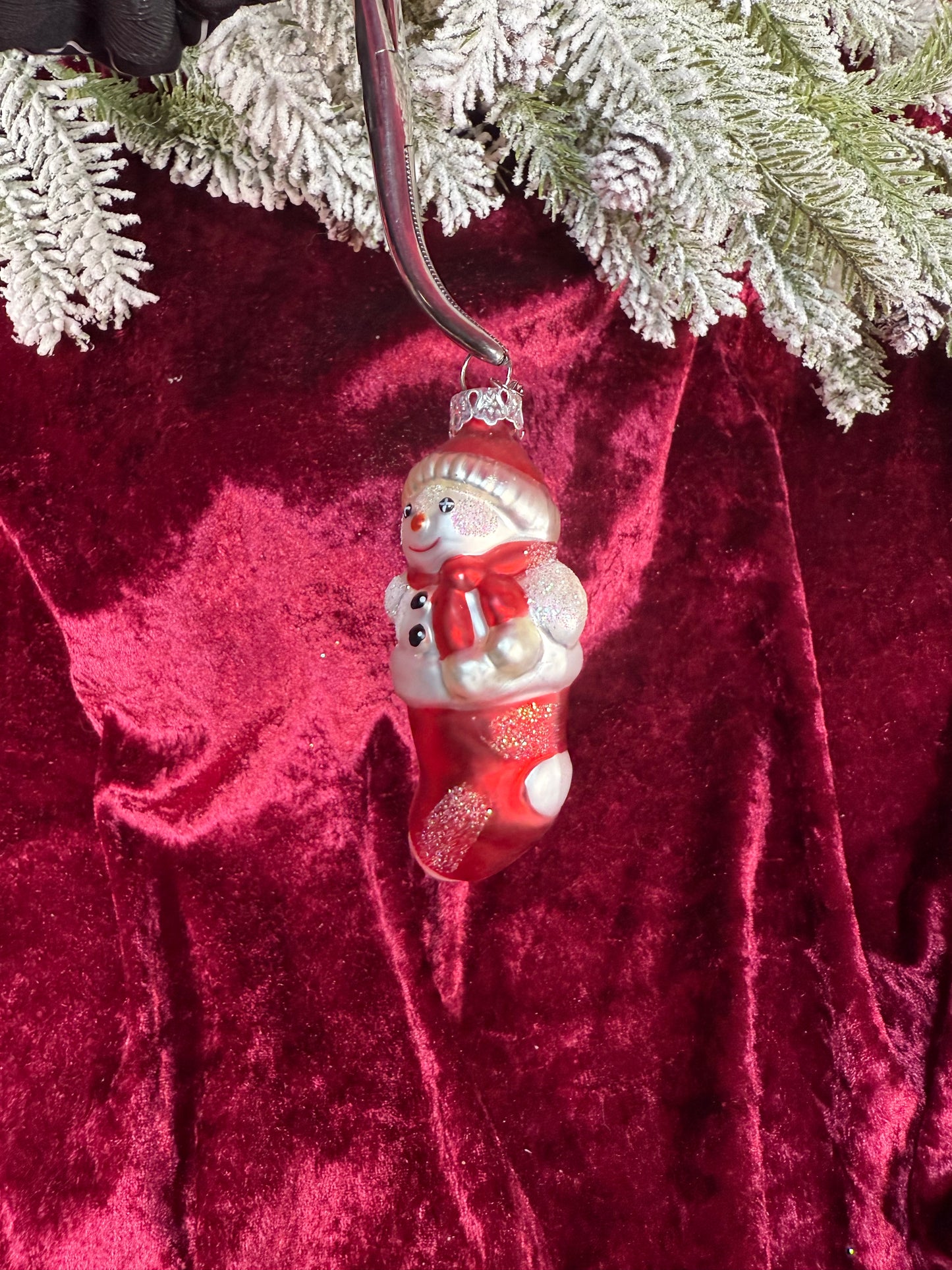 Vintage Christmas - Handblown Glass Ornament - Snowman In A Stocking - Department 56