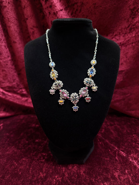 Vintage Necklace - Colorful Crystals with Silver Tone Settings - 18"