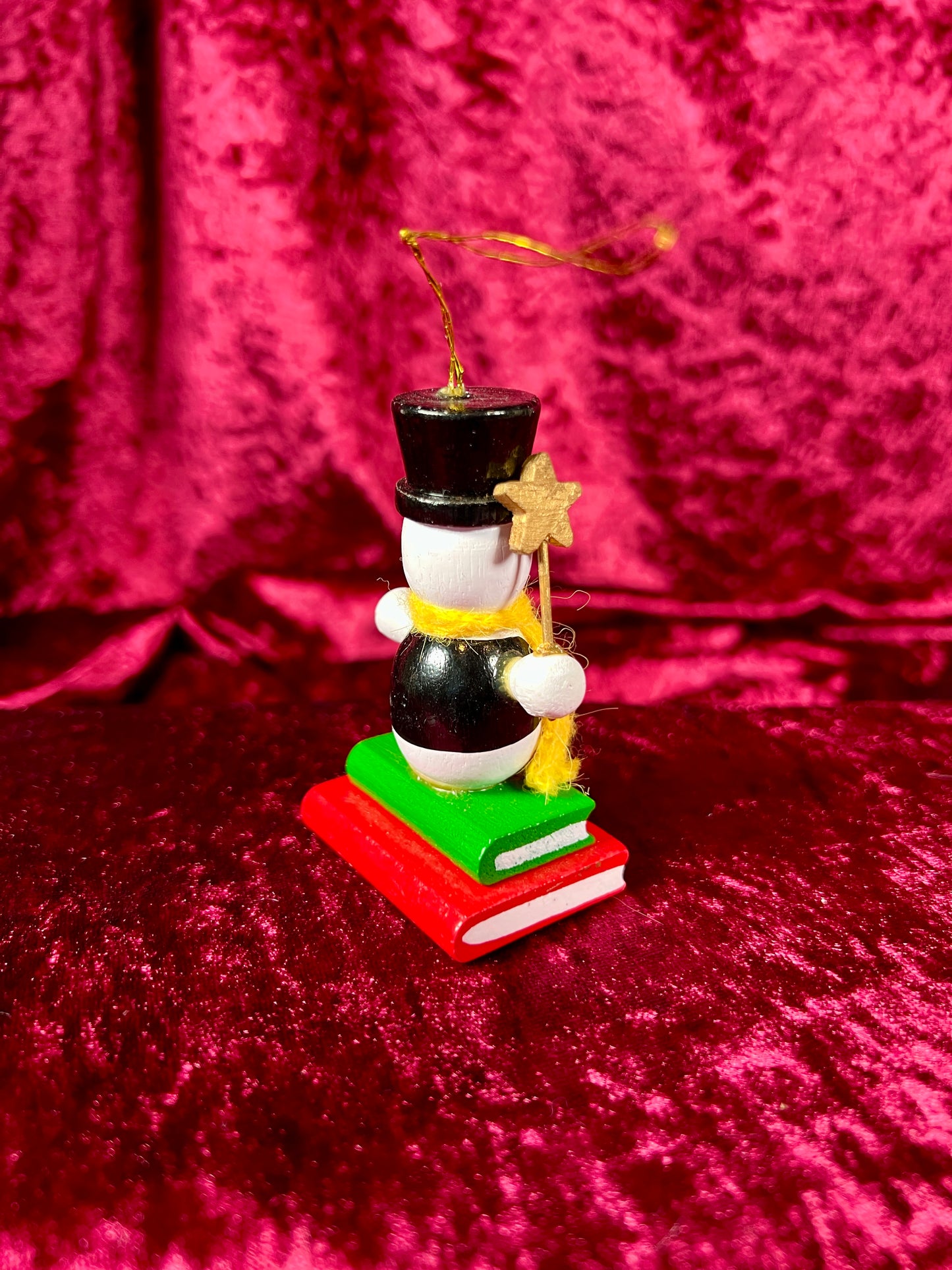 Vintage Christmas - Hand Painted Wood Ornament - Snowman Sitting On Books