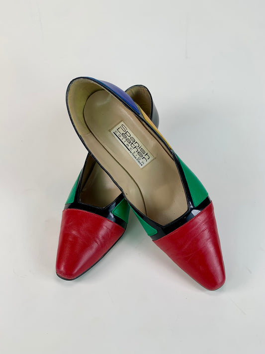 Vintage Shoes - 1980s Primary Colors Patchwork Pumps - Spanish Leather Collection by Sergio Zelcer