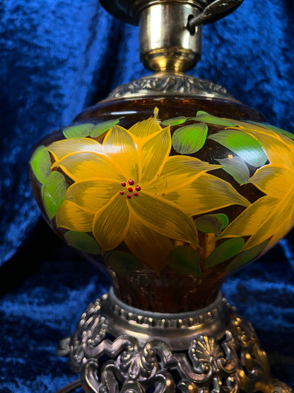 Vintage Amber Glass Parlor Lamp – Hand Painted Yellow Flowers Double Globe Hurricane Style