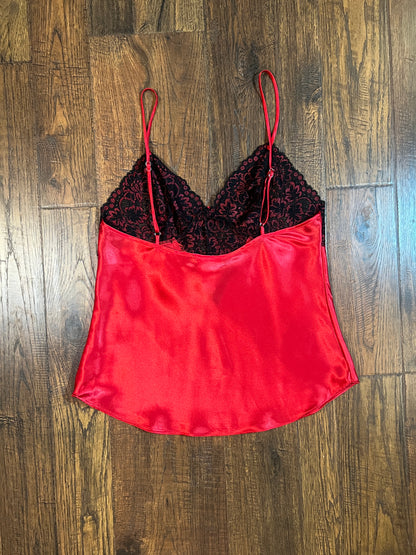 Vintage Clothing - Red Satin with Black Lace Tank & Pant Pajama Set - Secret Treasures - Size Medium
