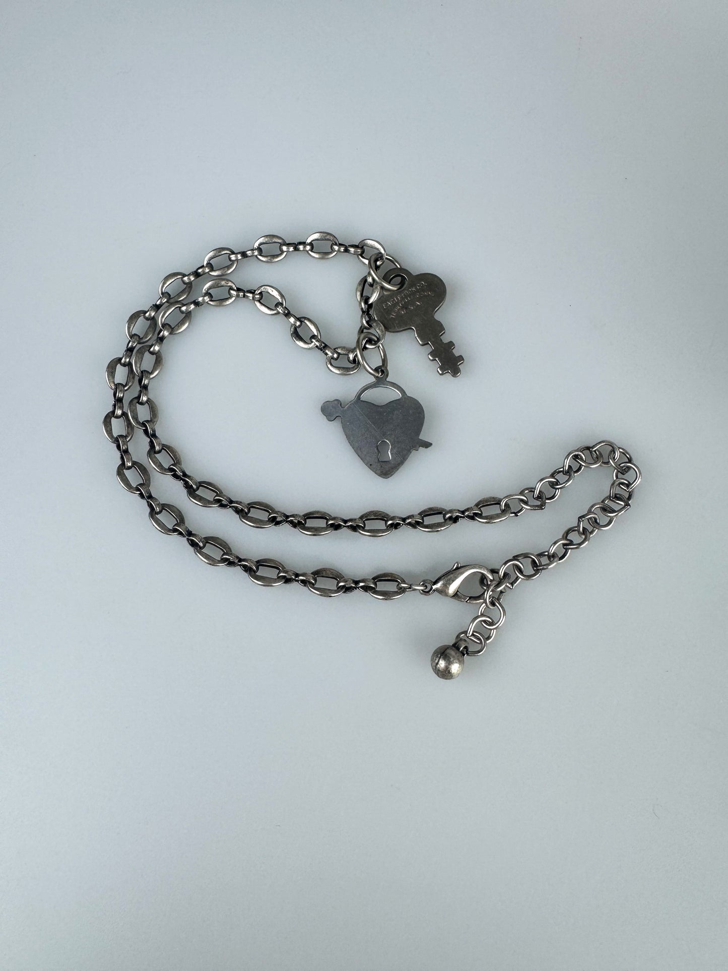 Heart Charm and Skeleton Key Necklace - Vintage Old Stock Antique Materials -  Collar Length 16" Silvertone Chain