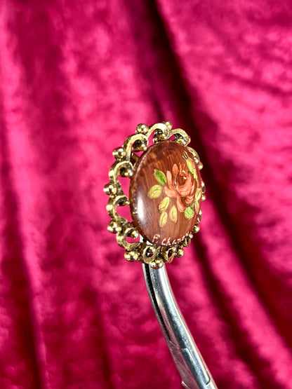 Vintage Jewelry - Brooch - Hand Painted Rose on Gold Tone Frame - F. Chaney