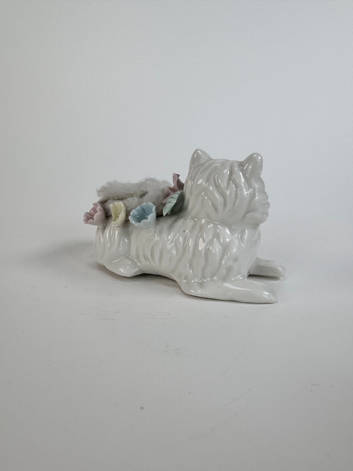 Vintage White Cat Porcelain Pin Cushion - Blue Yellow Pink Flowers