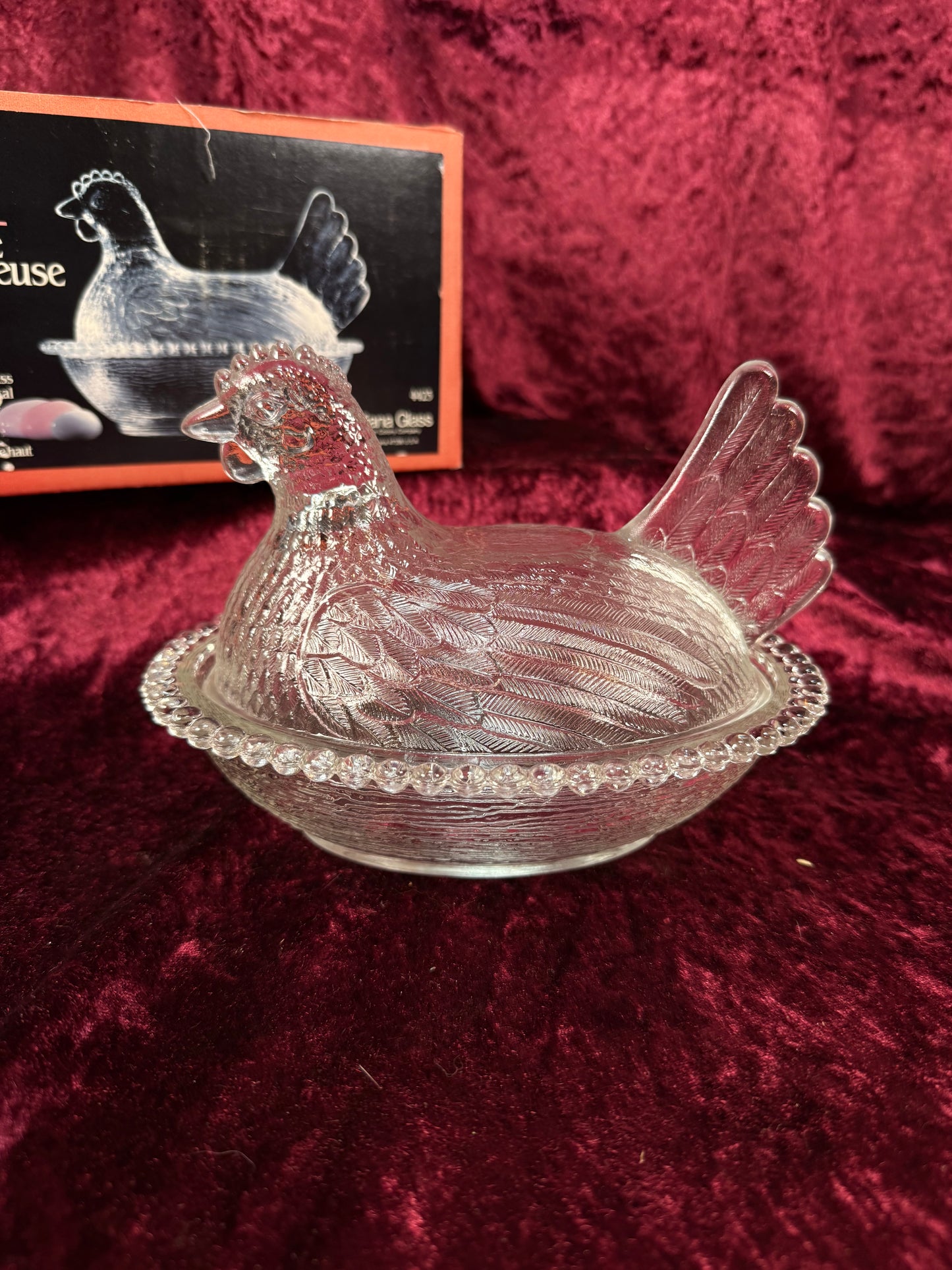 Vintage Crystal Glass Hen on Nest Dish – Beaded Rim Covered Candy Bowl with Original Box