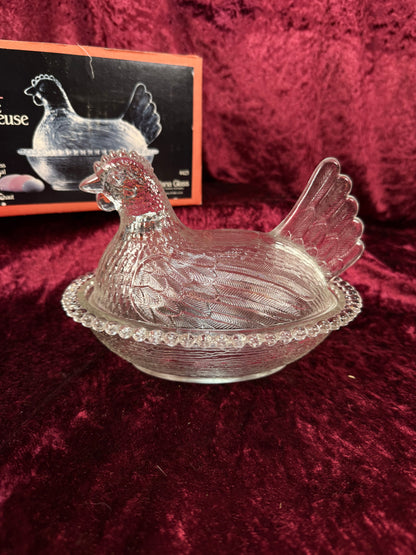 Vintage Crystal Glass Hen on Nest Dish – Beaded Rim Covered Candy Bowl with Original Box