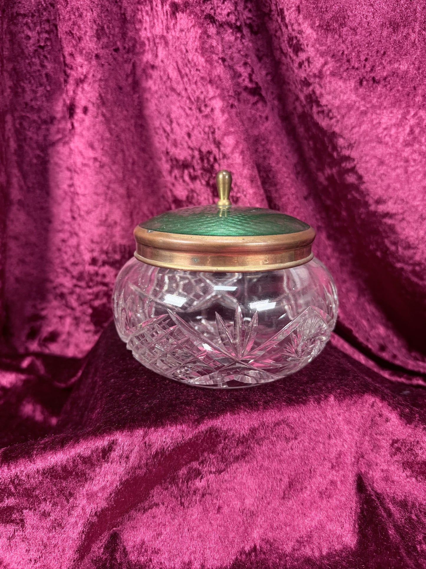 Vintage Cut Crystal Vanity Jar – Green Guilloché Style Lid Dresser Box