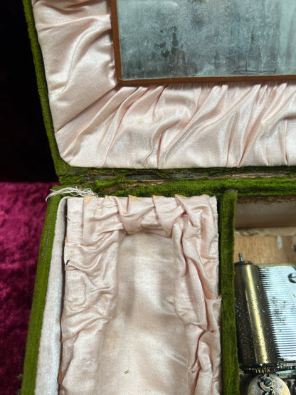 Antique Vanity Decor - French Musical Perfume Box - Green Velvet - Gold Metal Trim