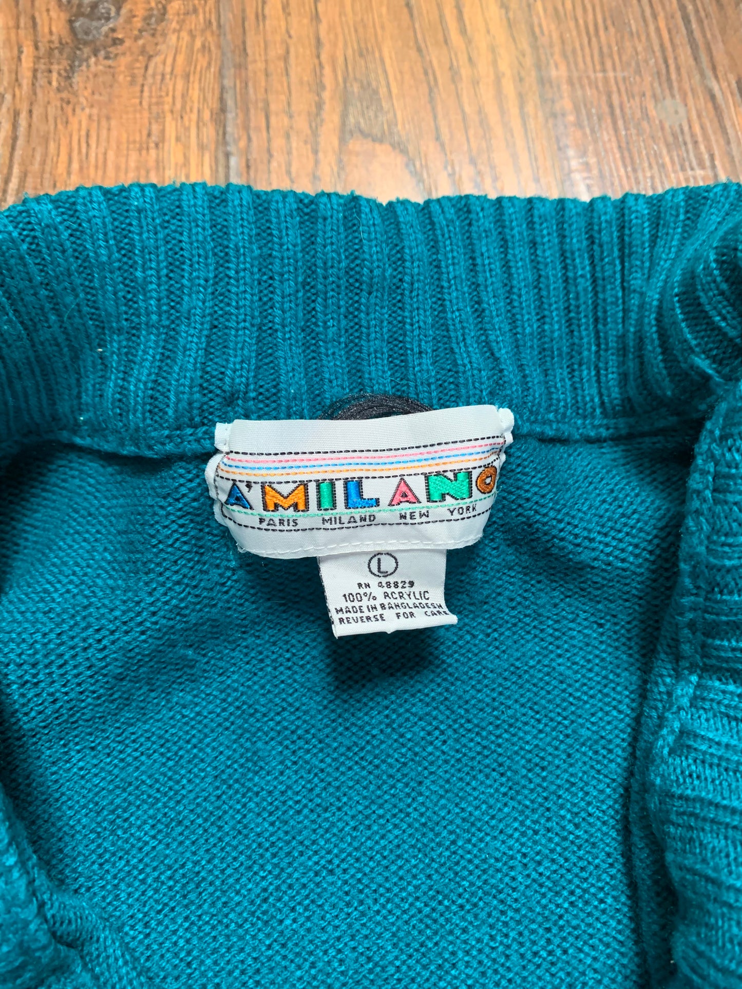 Vintage Clothing - V-Neck Sweater - Teal - A'Milano - Large