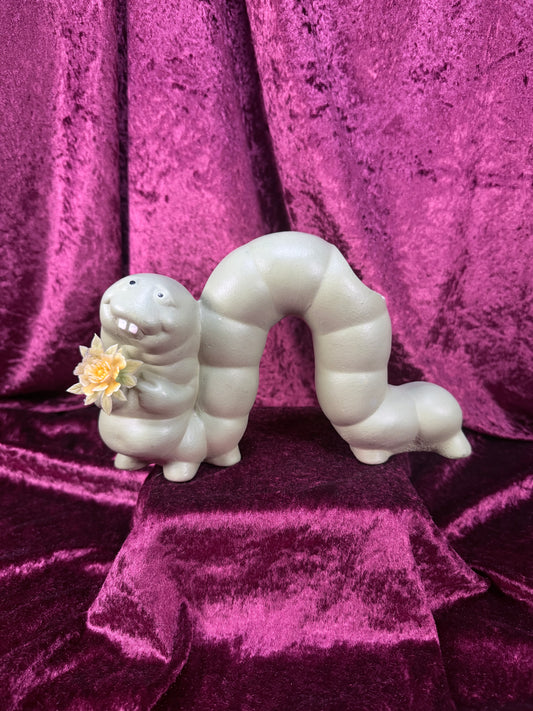 Vintage Ceramic Caterpillar Figurine – Floral Accent Whimsical Decor