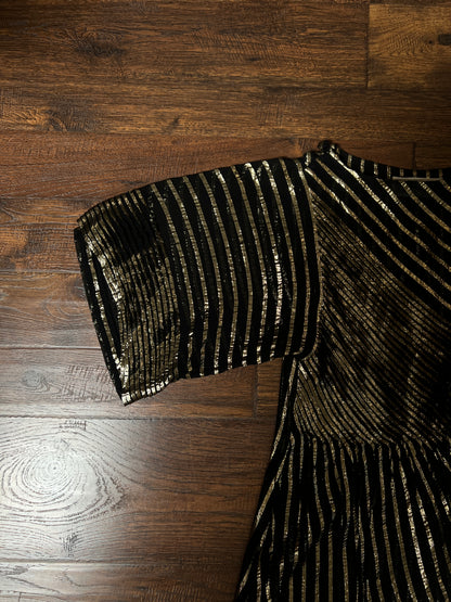 Vintage Albert Nipon Maxi Dress -  Metallic Gold  Sheer Black Butterfly Sleeve Gown - Medium
